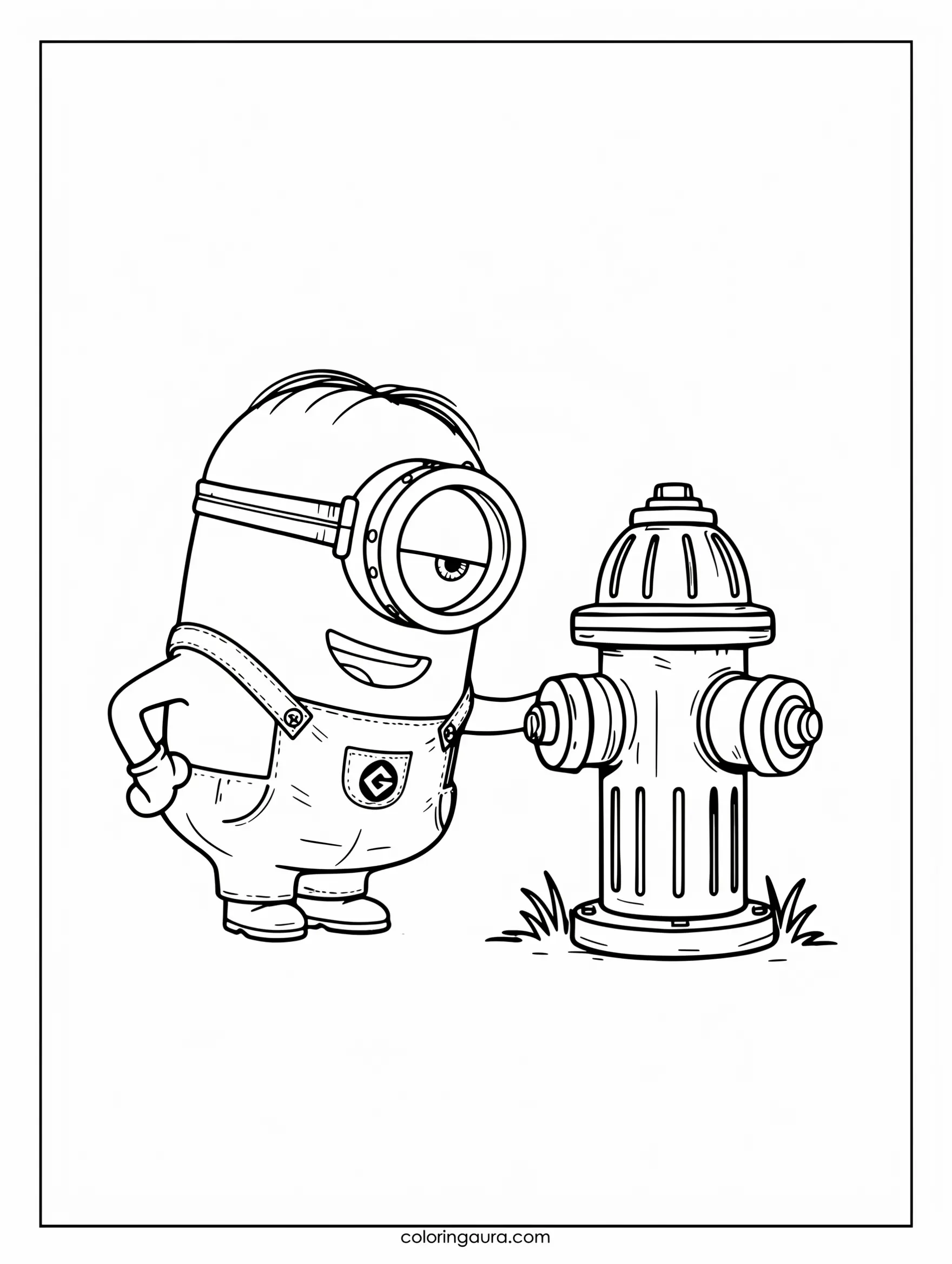 Minion Playing Beside a Fire Hydrant Coloring Page