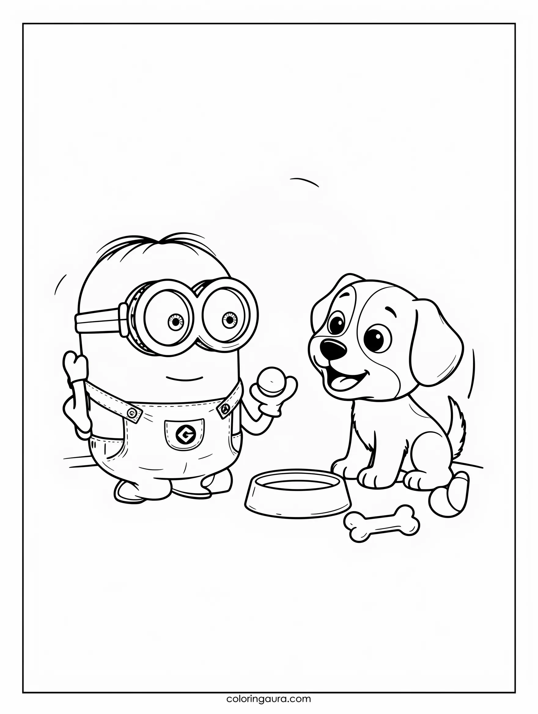 Minion Playing with a Puppy Coloring Page
