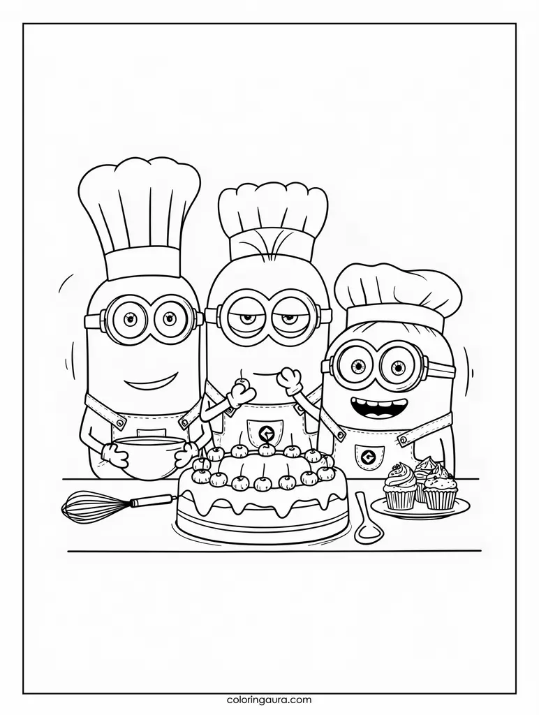 Minions Baking a Birthday Cake Coloring Page