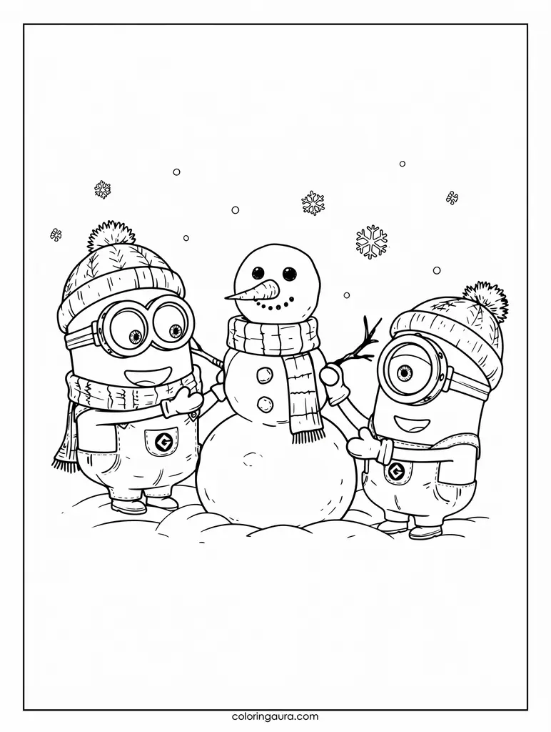 Minions Building a Snowman Coloring Page