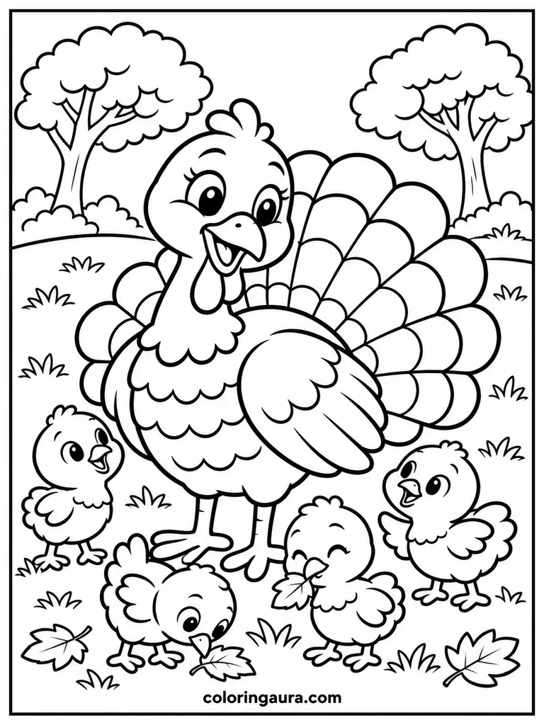 Mother Turkey with Baby Chicks Coloring Page