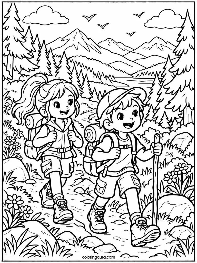 Kids Mountain Hiking Coloring Page