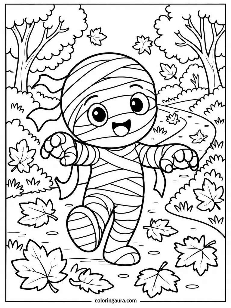 Mummy Walking Through Autumn Leaves Coloring Page
