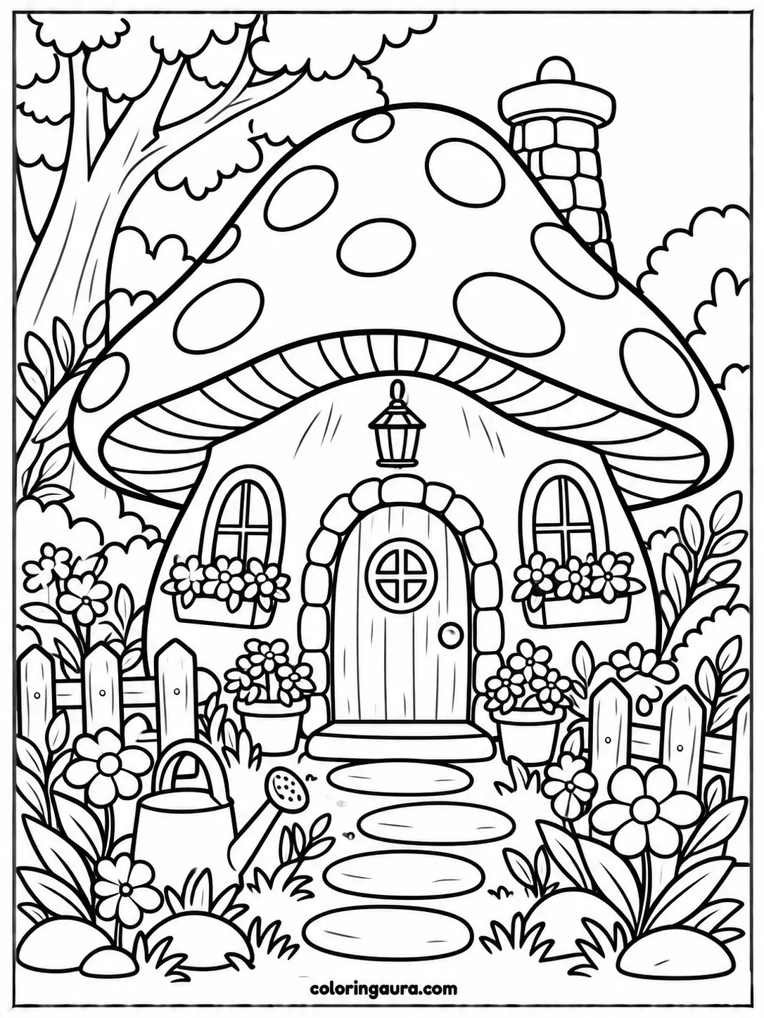 Mushroom Cottage Garden Coloring Page
