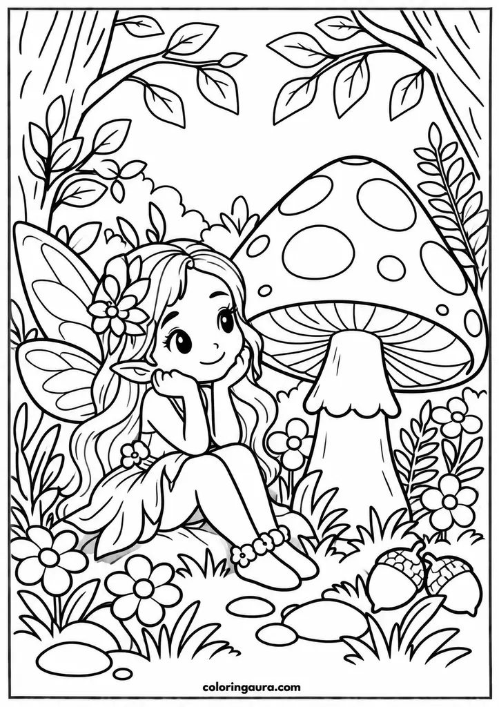 Mushroom Fairy Forest Coloring Page