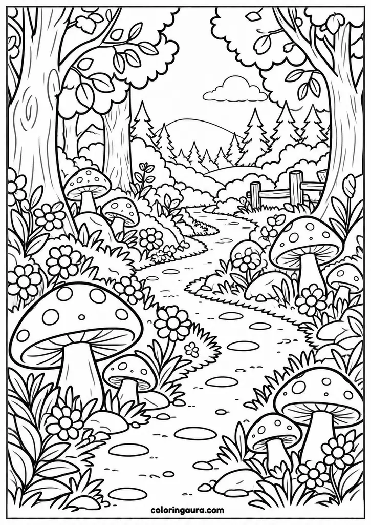 Mushroom Forest Path Coloring Page