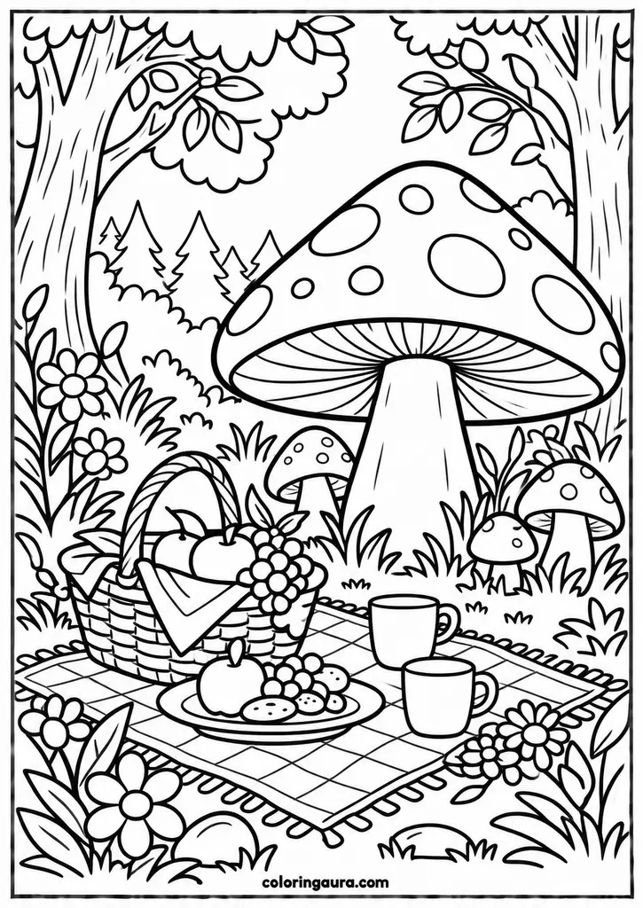 Mushroom Picnic Coloring Page