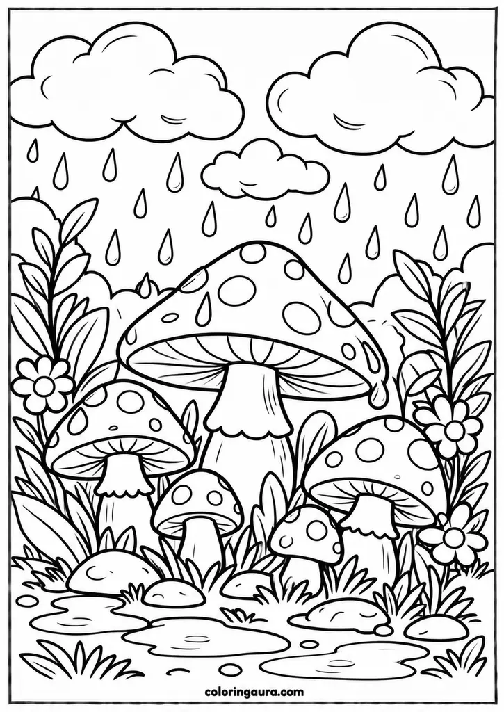Mushroom Rainy Day Coloring Page