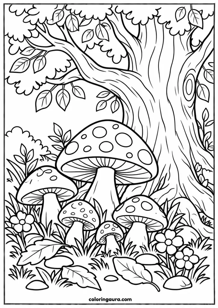 Mushroom Under a Tree Coloring Page