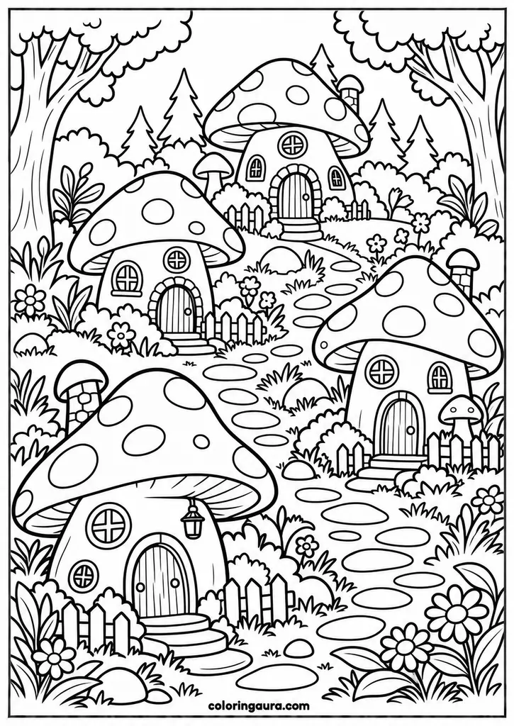 Mushroom Village Coloring Page