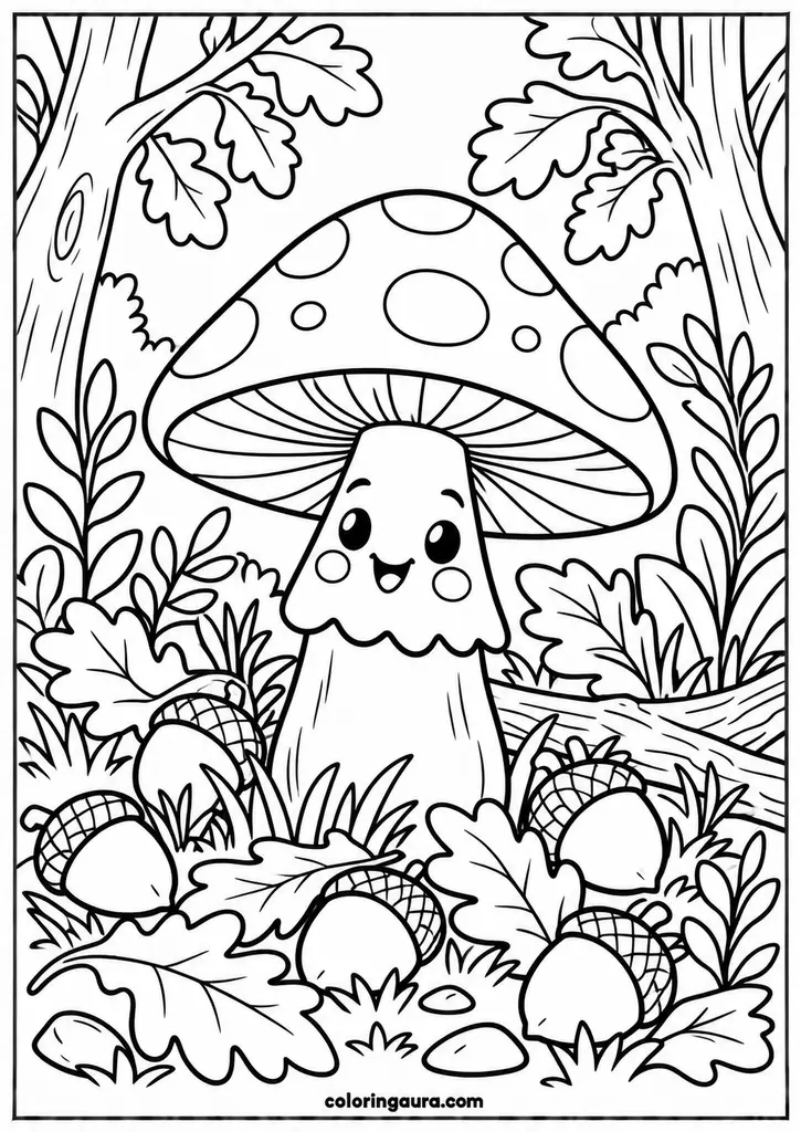 Mushroom and Acorns Coloring Page