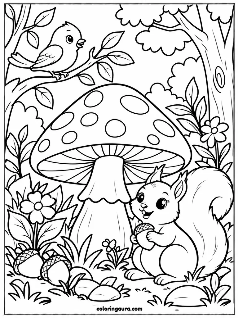 Mushroom and Forest Friends Coloring Page