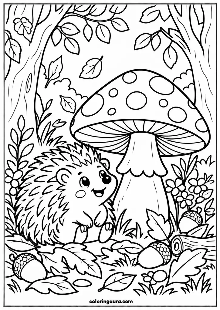 Mushroom and Hedgehog Coloring Page