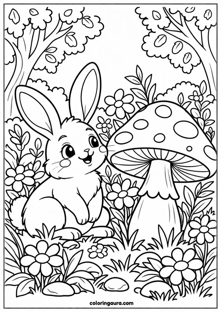 Mushroom and Rabbit Coloring Page