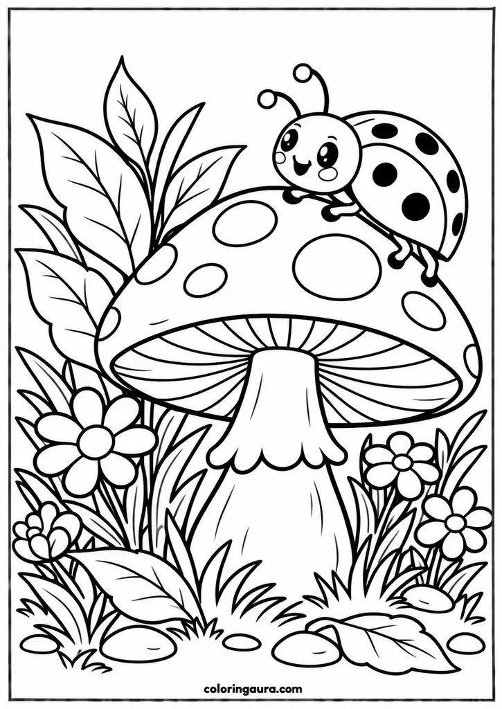Mushroom with Ladybug Coloring Page