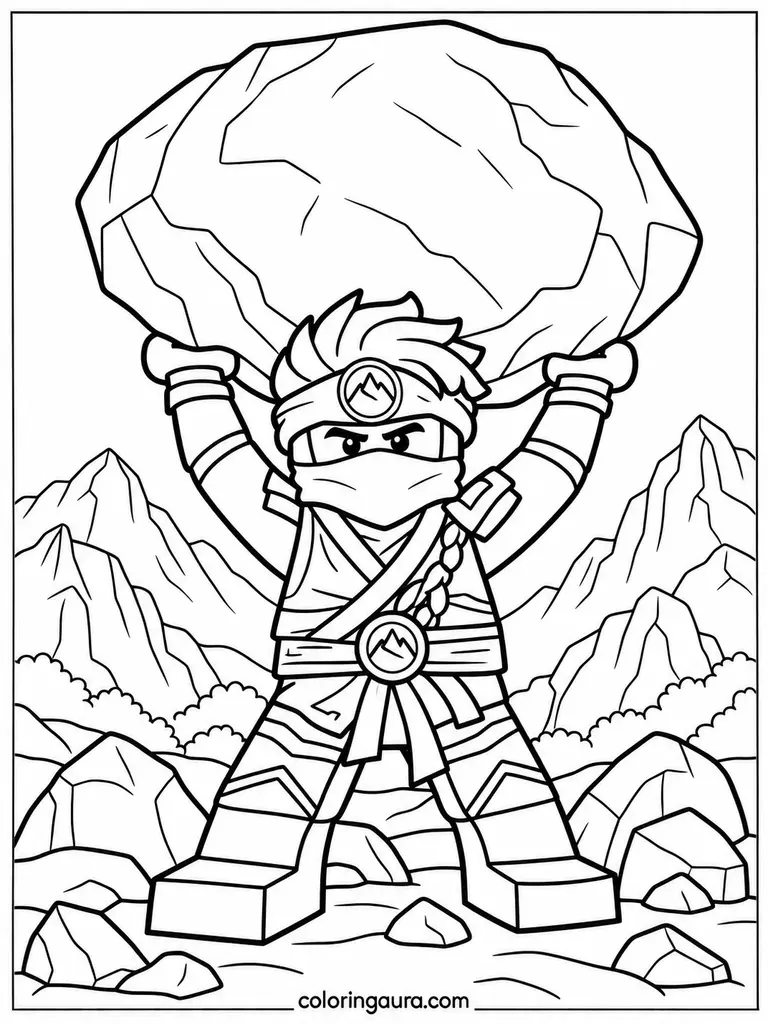 Ninja Cole Lifting a Boulder Coloring Page