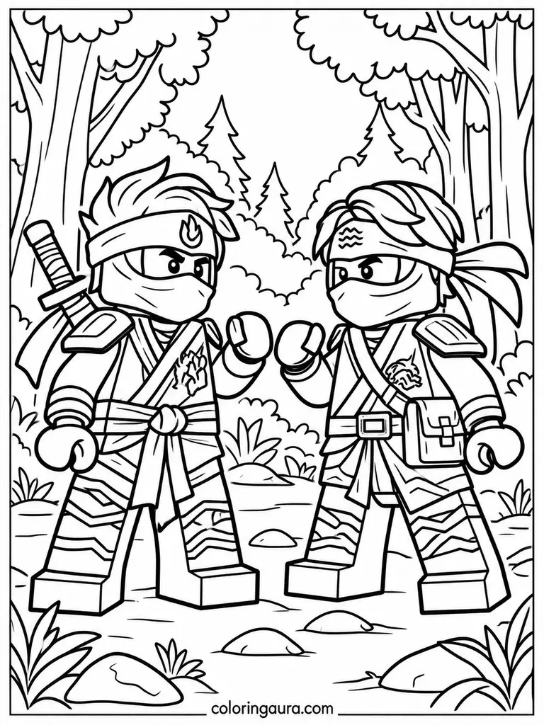 Ninja Duo in a Forest Clearing Coloring Page