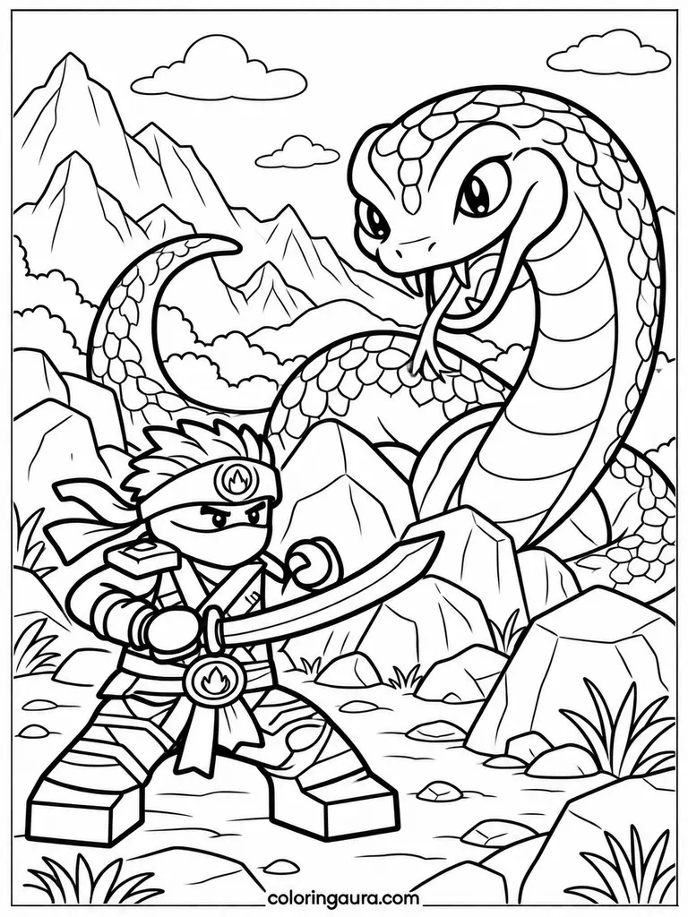 Ninja Facing a Giant Serpent Coloring Page
