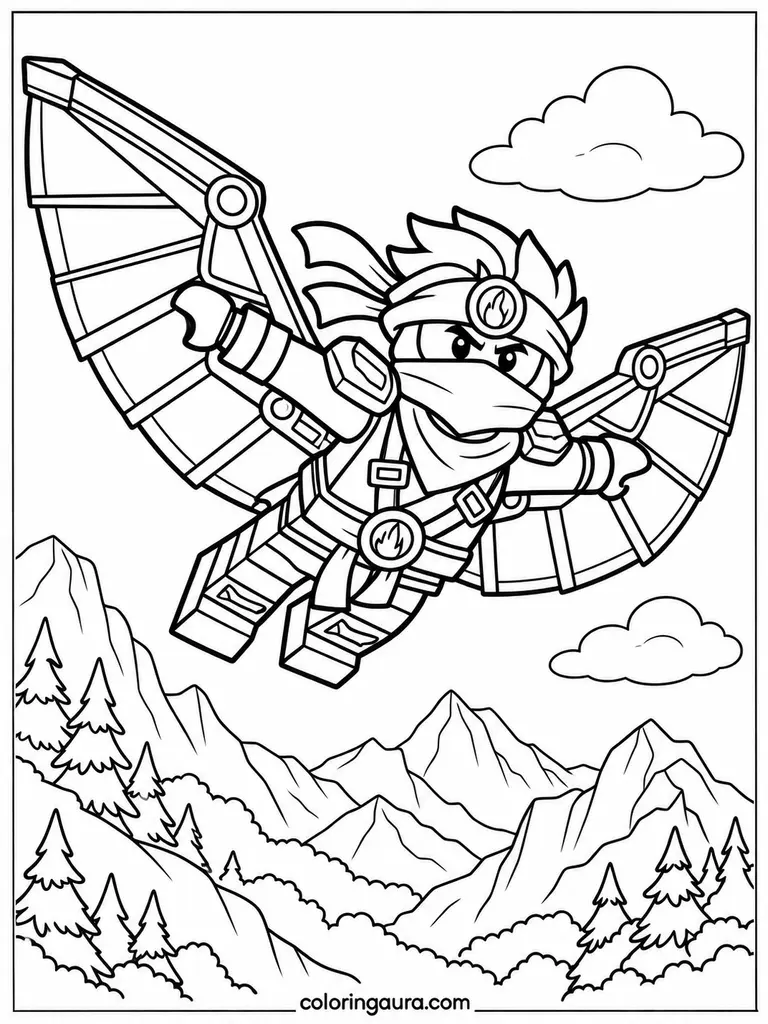 Ninja Gliding with a Winged Suit Coloring Page