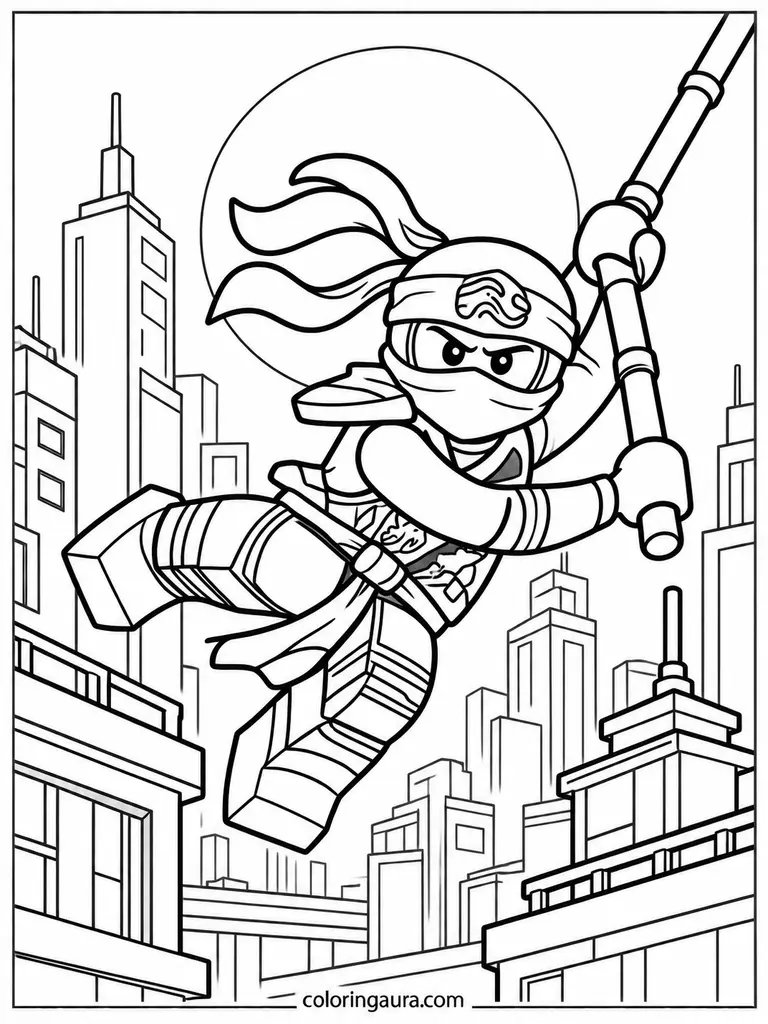 Ninja Jay Swinging Across the City Coloring Page