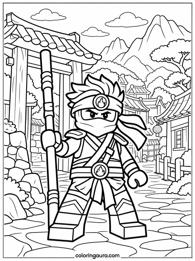Ninja Protecting a Village Coloring Page