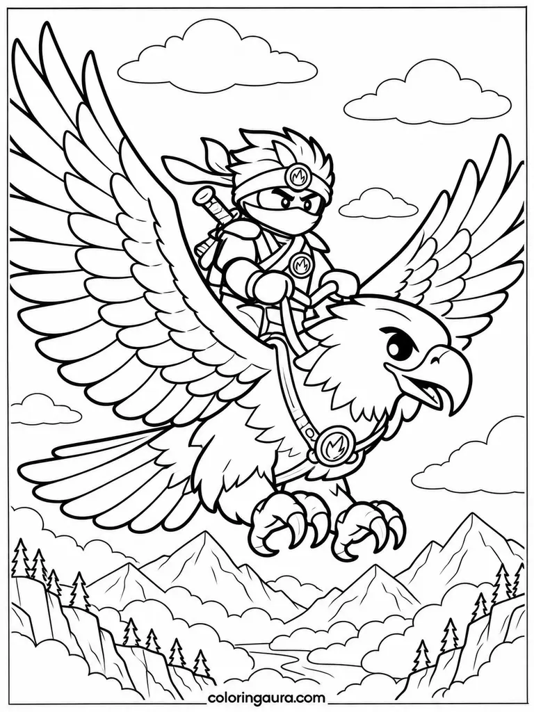 Ninja Riding a Giant Eagle Coloring Page