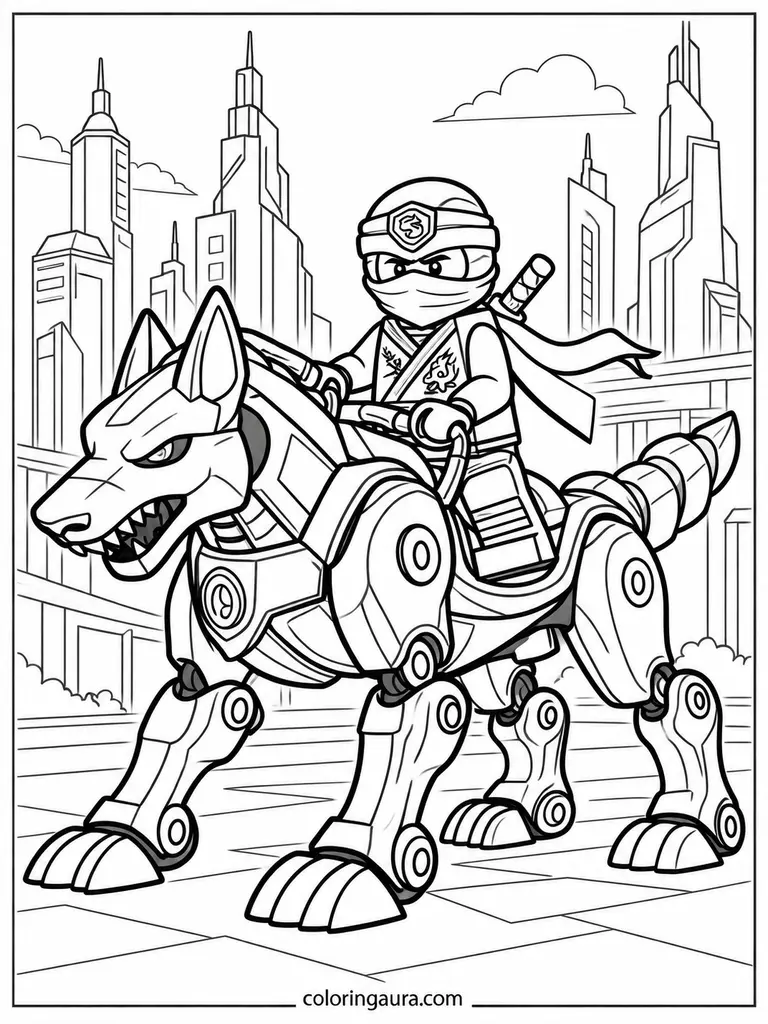 Ninja Riding a Robotic Wolf Coloring Page