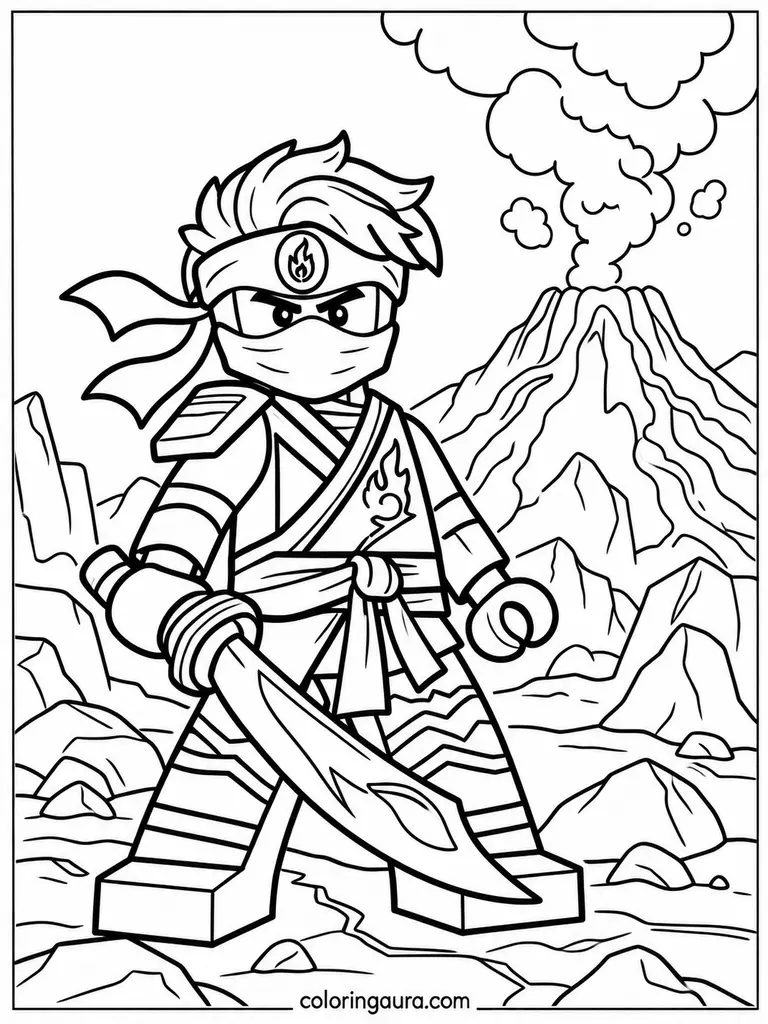 Ninja Warrior at a Volcano Coloring Page