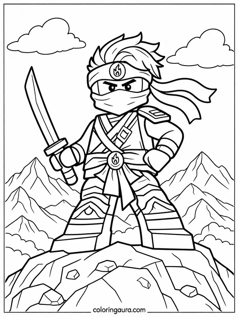 Ninja Warrior on a Mountain Peak Coloring Page