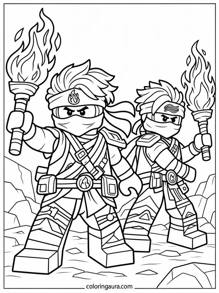 Ninja Warriors with Torches Coloring Page
