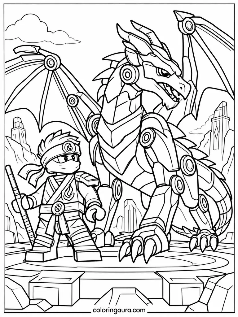 Ninja and Mechanical Dragon Coloring Page