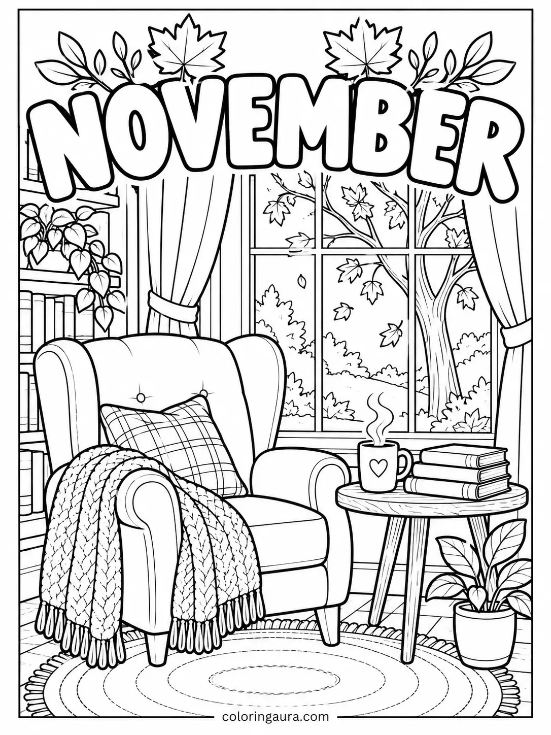 November Cozy Reading Nook Coloring Page