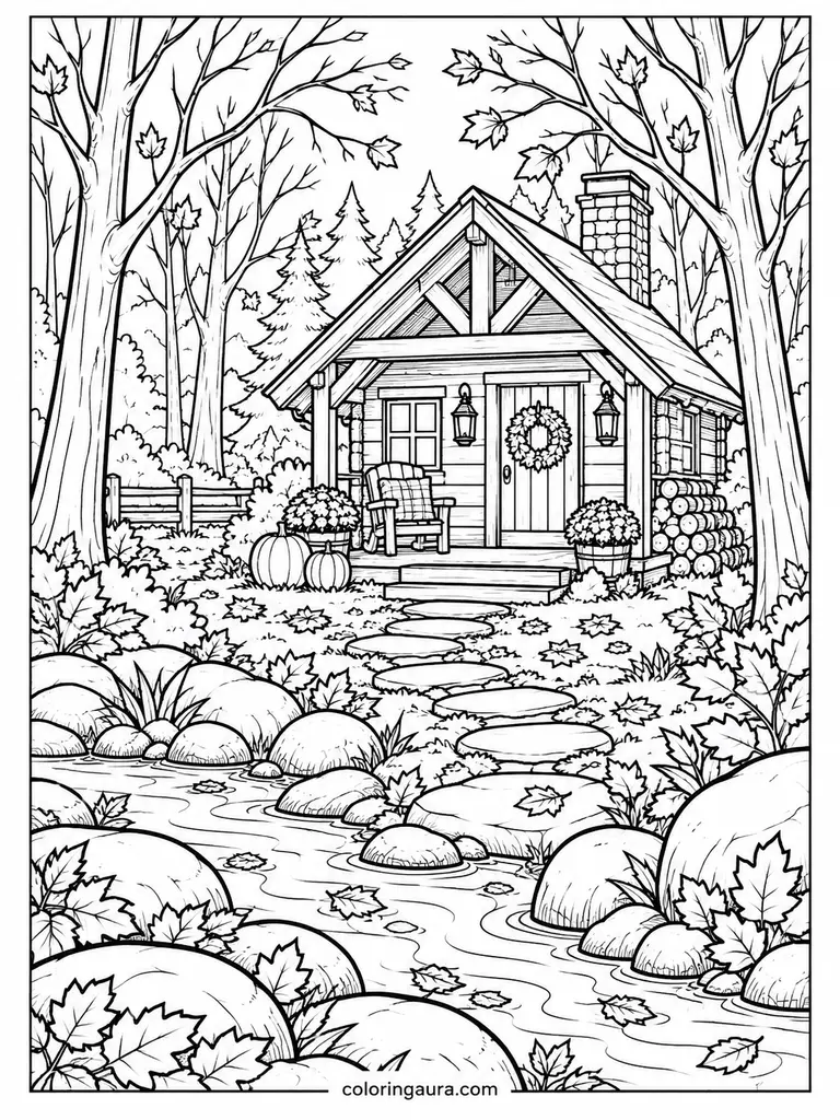 November Forest Cabin Coloring Page