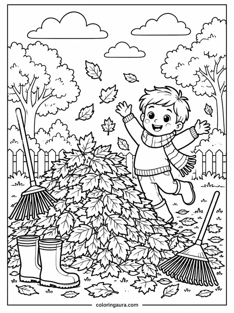 November Leaf Pile Jump Coloring Page
