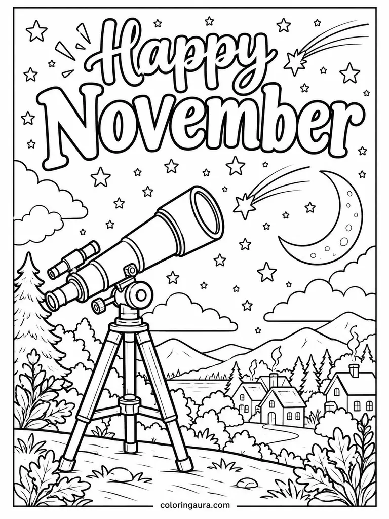 November Night Sky Telescope Coloring Page
