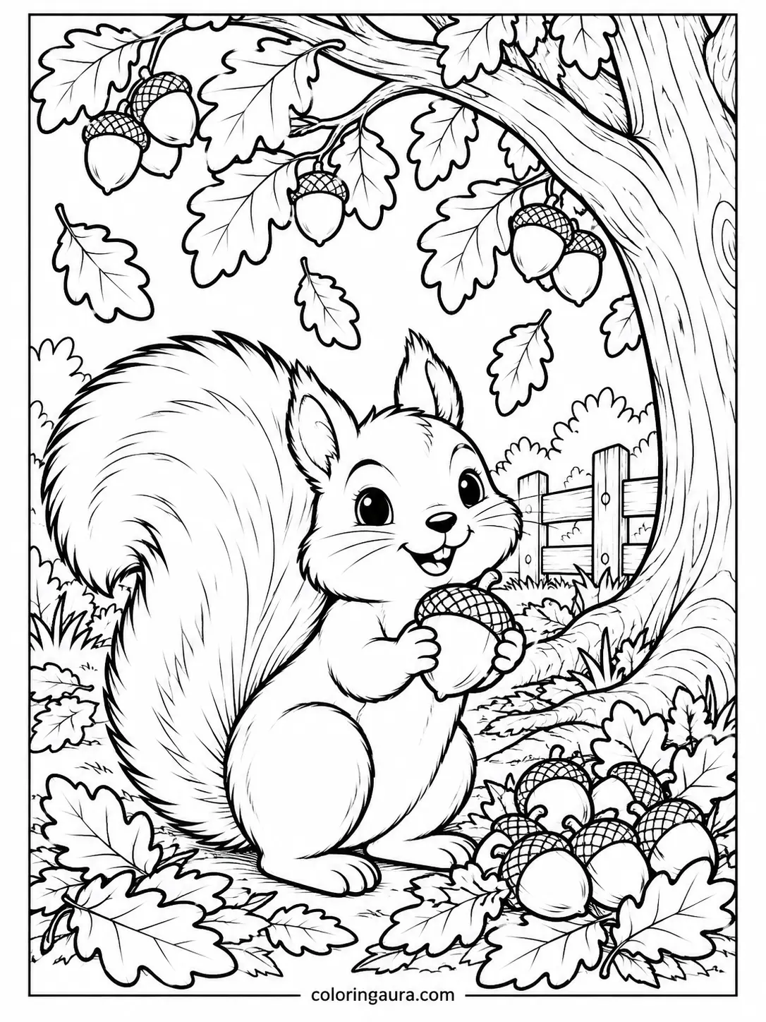 November Squirrel and Acorns Coloring Page