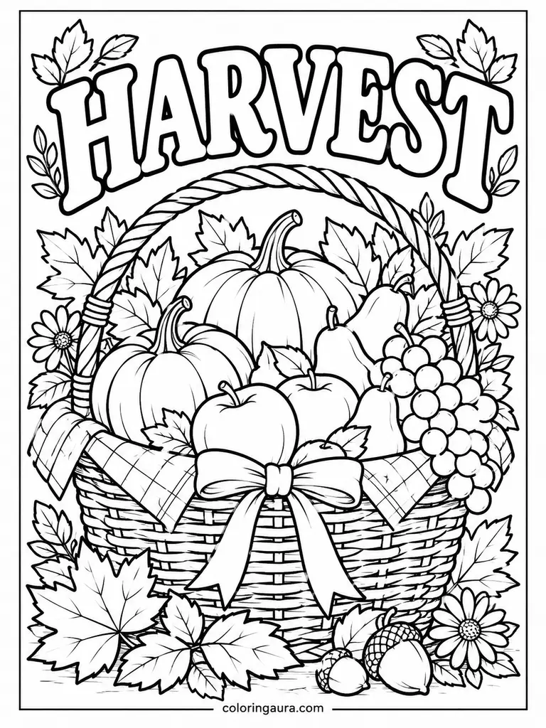 November Thanksgiving Harvest Basket Coloring Page