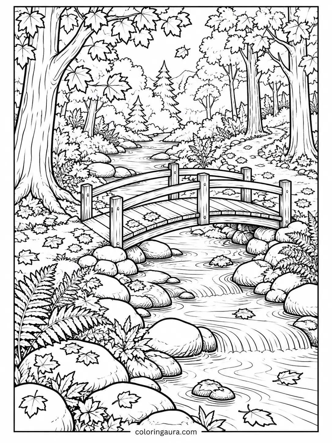 November Woodland Bridge Coloring Page