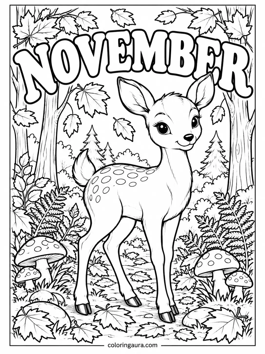 November Woodland Deer Coloring Page