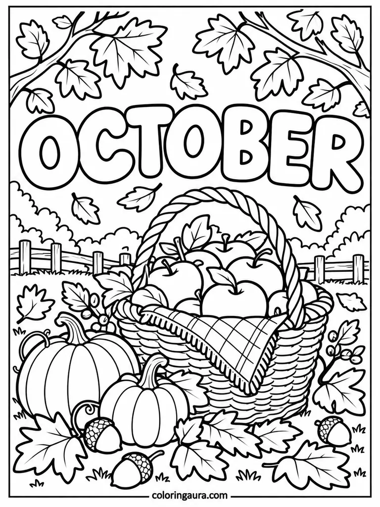October Apple Basket and Leaves Coloring Page