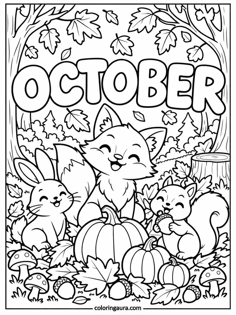 October Autumn Friends Coloring Page