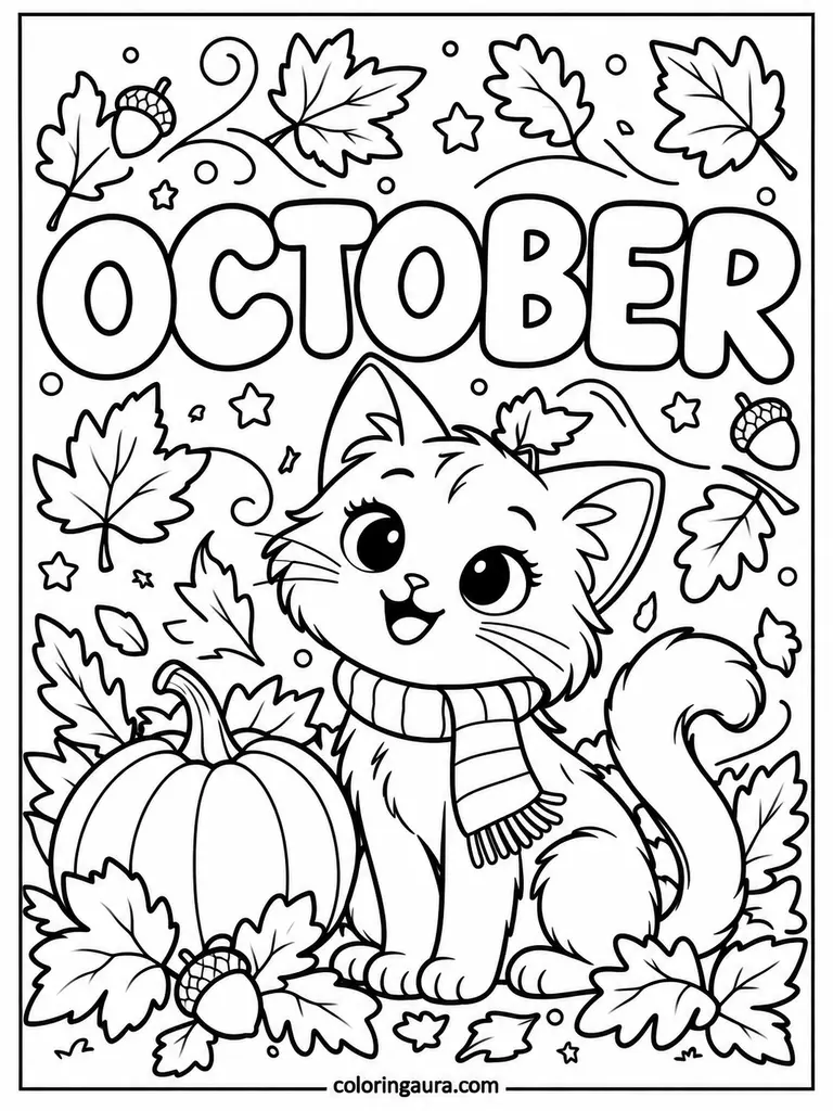 October Black Cat with Autumn Leaves Coloring Page