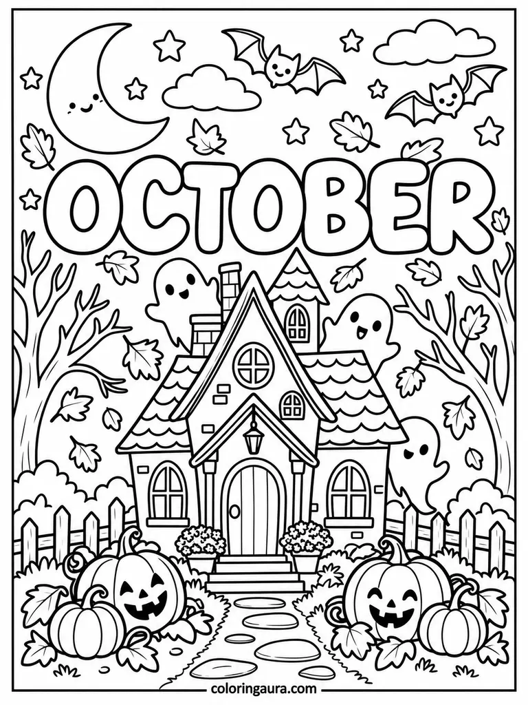 October Haunted House Coloring Page