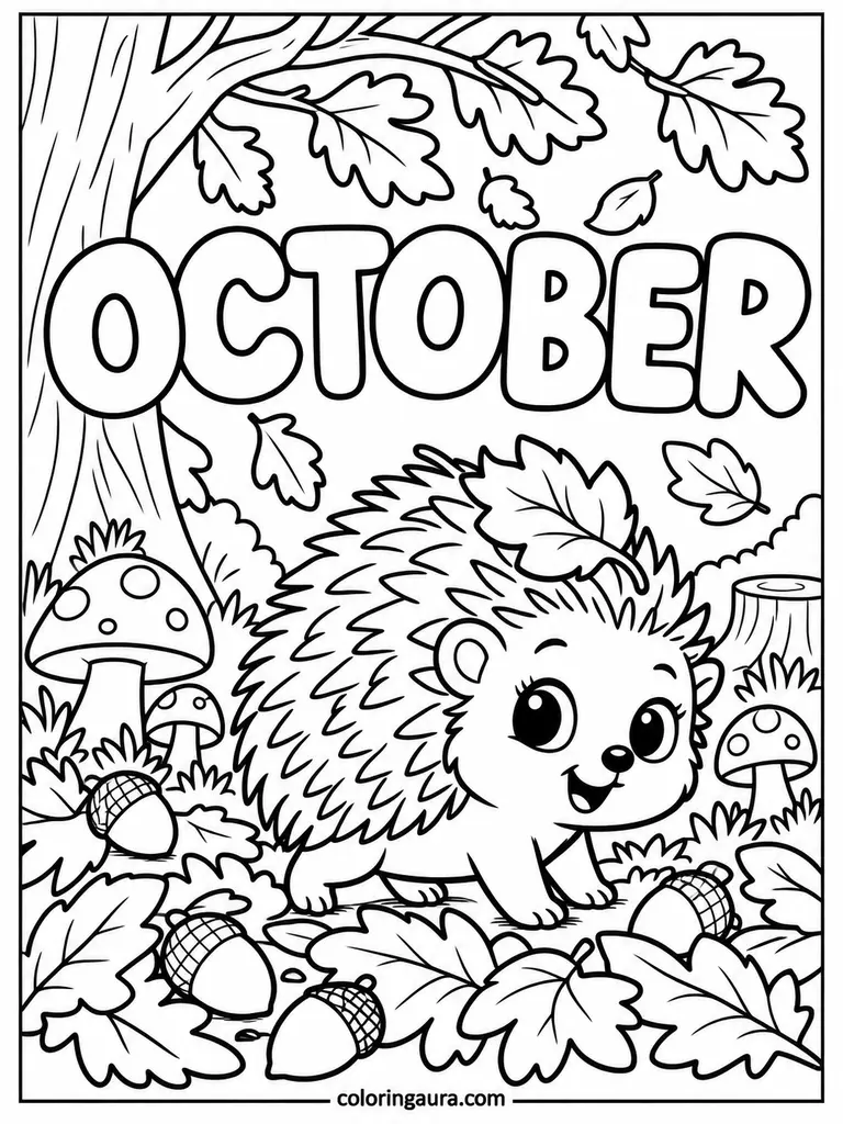 October Hedgehog Among Fall Leaves Coloring Page