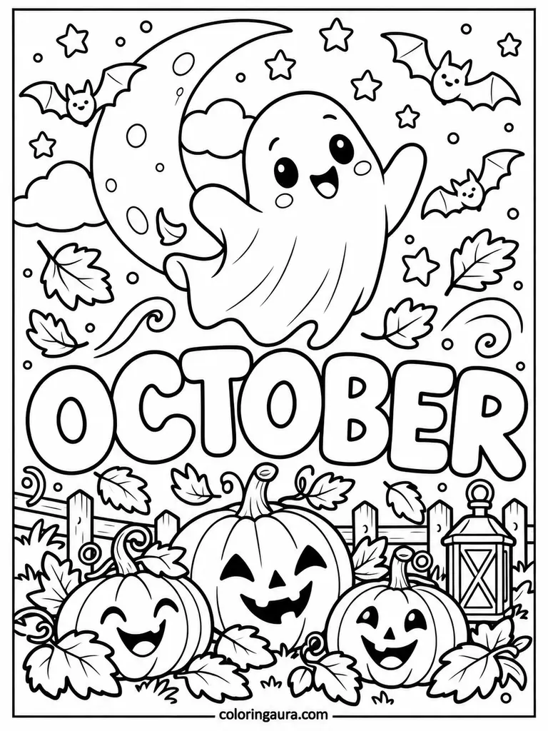 October Moon and Friendly Ghost Coloring Page