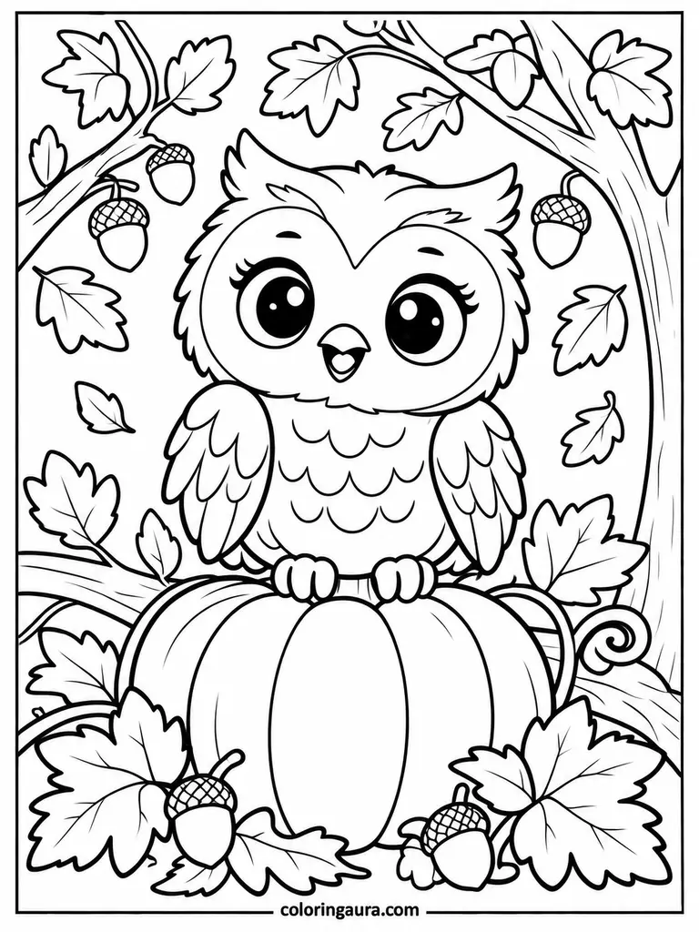October Owl and Pumpkin Coloring Page