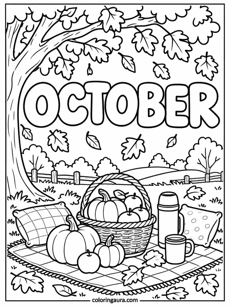October Picnic Under an Autumn Tree Coloring Page