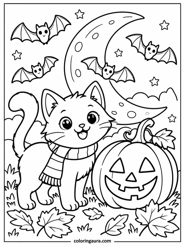 October Pumpkin Cat and Bats Coloring Page