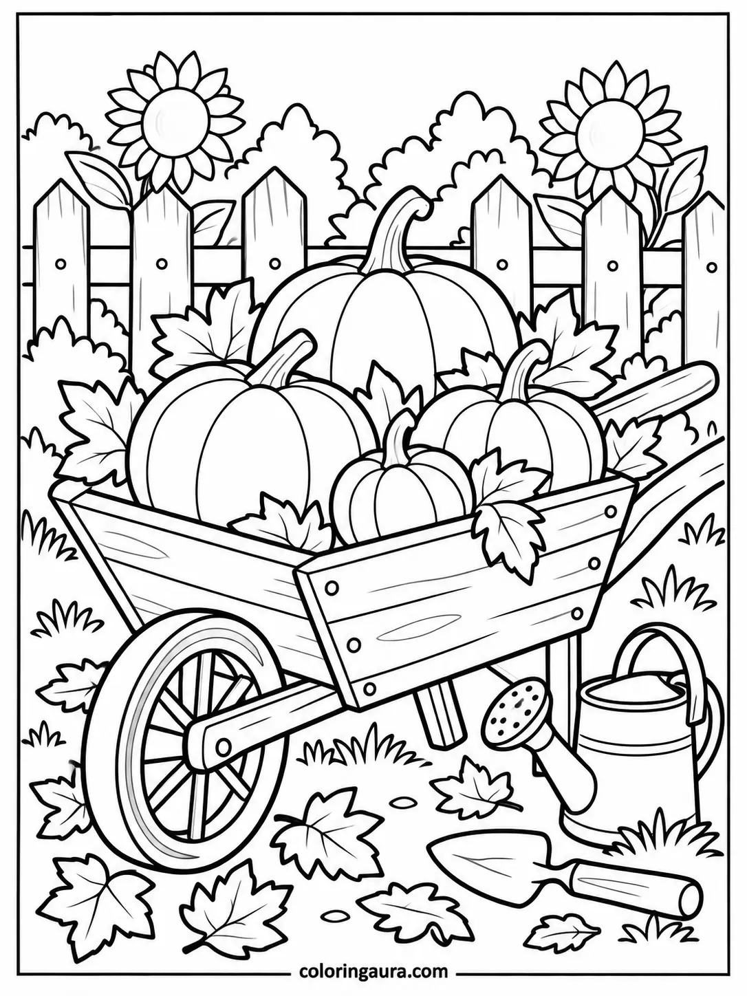 October Pumpkin Wheelbarrow Coloring Page