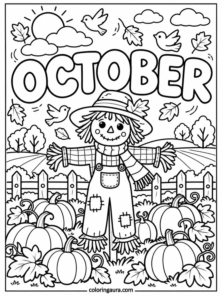 October Scarecrow and Pumpkin Patch Coloring Page